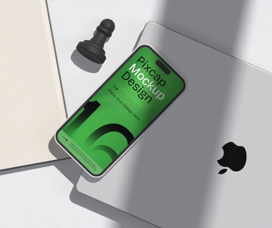 iPhone 14 Pro 3D Mockup With Macbook Pro Book And Chess Piece Decorate