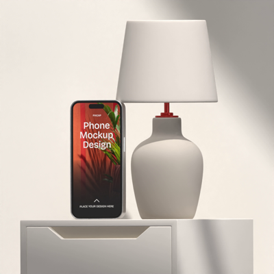iPhone 15 3D Mockup On Minimalist Set With White Table And Lamp 3D Template