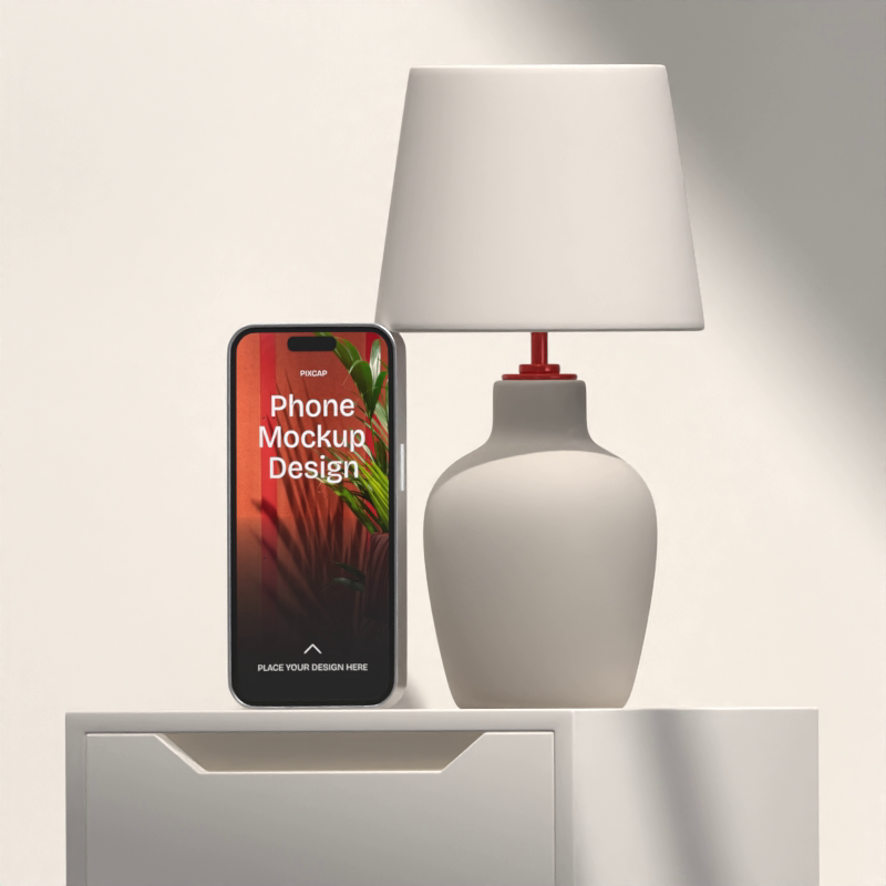 iPhone 15 3D Mockup On Minimalist Set With White Table And Lamp