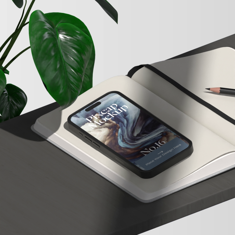 iPhone 14 3D Mockup On Notebook With Plant Decoration