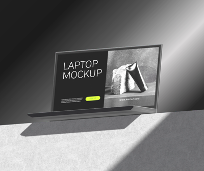 Dark 3D Mockup Theme For Laptop Product On Square Shaped Stone 3D Template