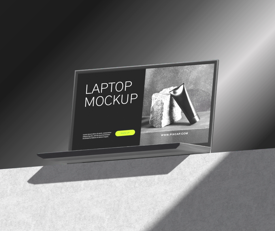 Dark 3D Mockup Theme For Laptop Product On Square Shaped Stone