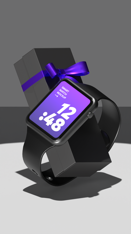 Smart Watch 3D Mockup With Black Minimal Gift Box
