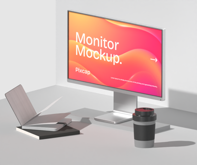 Monitor Mockup With Coffee Cup And Books On White Table 3D Template