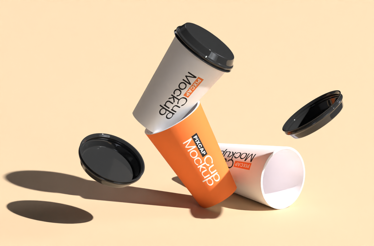 3D Takeaway Coffee Cups In Messy Arrange Static Mockup With Minimalist Background
