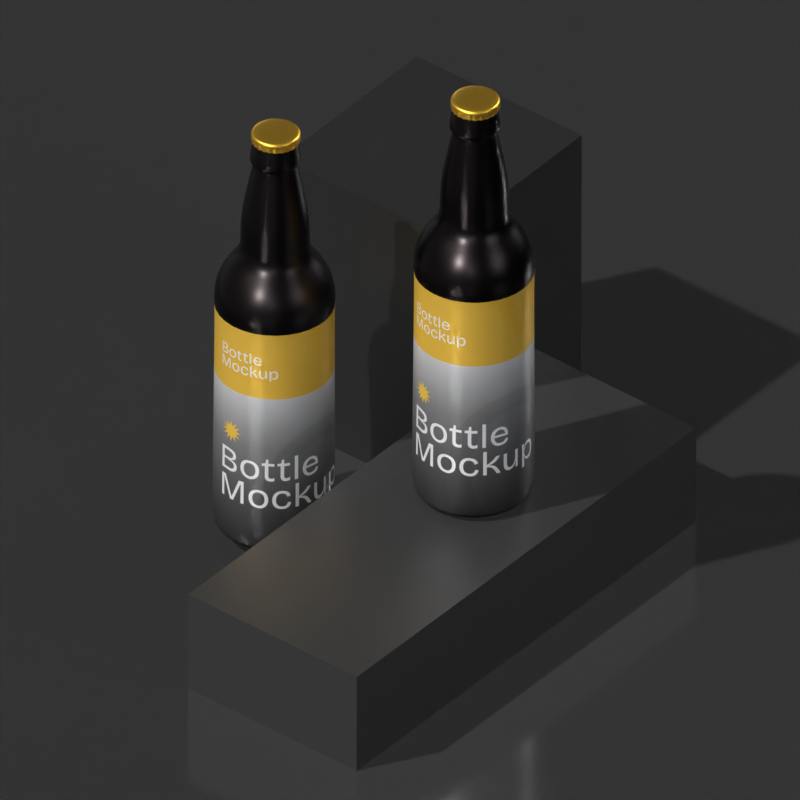 Couple Of Liquid Black Glass Bottles On Black Stage 3D Mockup