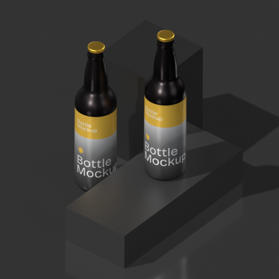Couple Of Liquid Black Glass Bottles On Black Stage 3D Mockup 3D Template