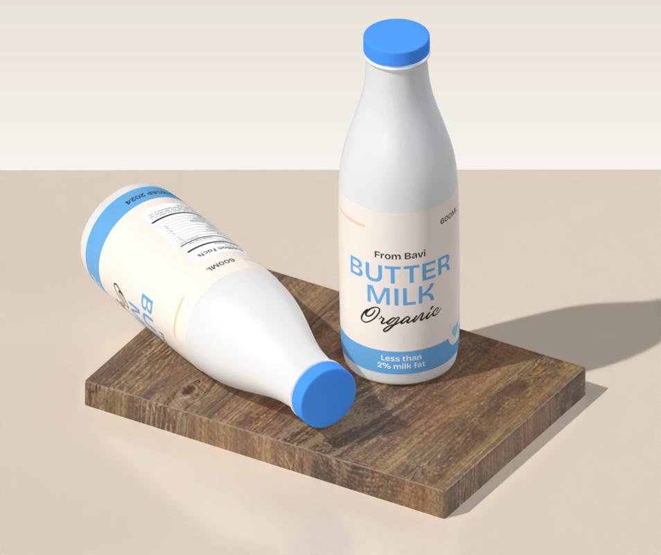 Butter Milk Bottles On Wooden Panel 3D Mockup