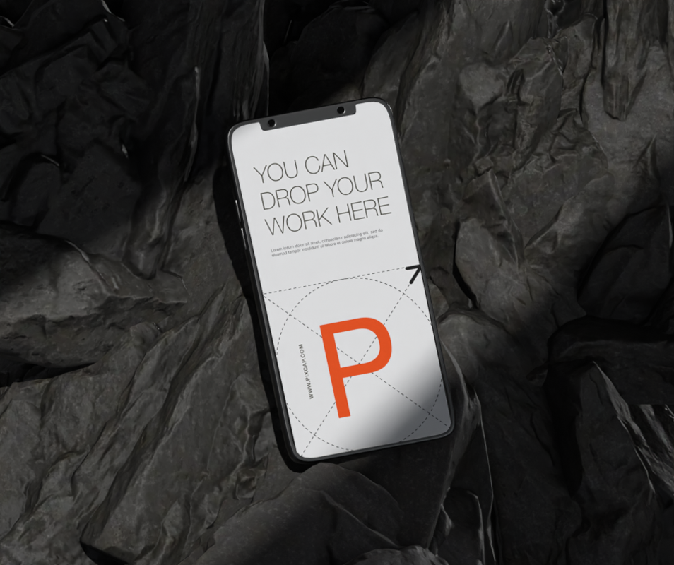 3D Phone Mockup On Rock Cliff Environment