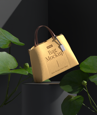 Animated Bag 3D Mockup Over The Podium And The Surrounding Plants 3D Template