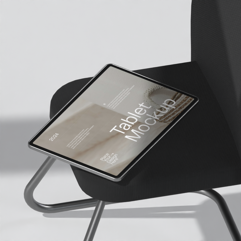 mockup animado em 3d de um tablet em uma cadeira 3D Template