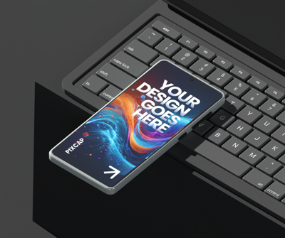 Animated Phone 3D Mockup Over The Keyboard 3D Template