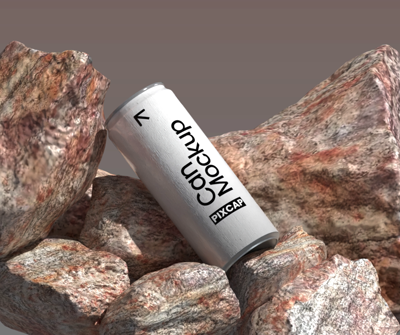 Animated Long Can 3D Mockup With Stacked Realistic Rocks 3D Template