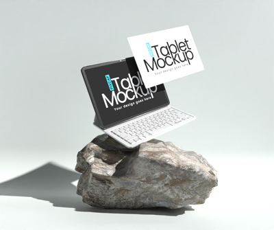 Animated Tablet With Multiple Screen 3D Mockup Over The Realistic Rock 3D Template