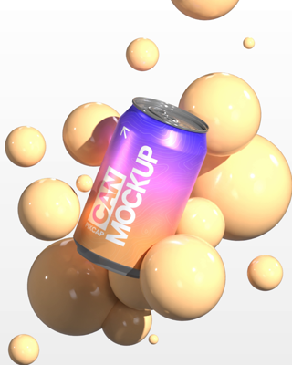 Animated Floating Can 3D Mockup With Bubbles 3D Template