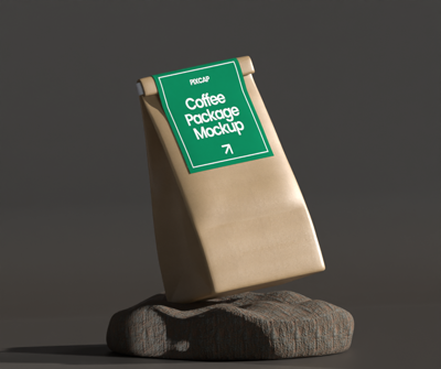 Animated Coffee Paper Bag Package 3D Mockup Over The Realistic Rock 3D Template