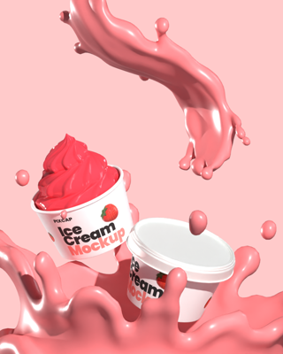 Animated Floating Ice Cream Cup Mockup with Liquid Splash 3D Template
