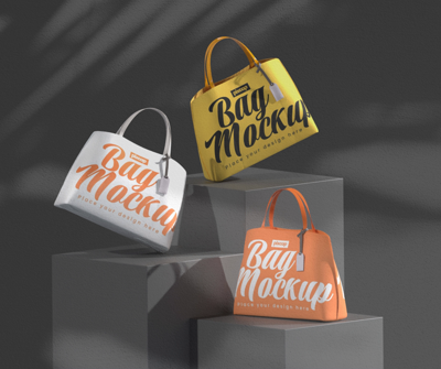 Animated Three Bags 3D Mockup With Podiums 3D Template