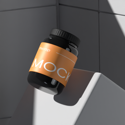 Animated Suplement Bottle 3D Mockup With Realistic Wall And Base 3D Template