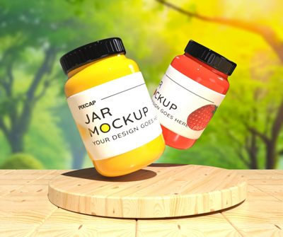 Animated Two Jars 3D Mockup With Wooden Base 3D Template