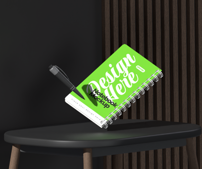 Animated Floating Notebook And Pen 3D Mockup With Wooden Wall Panel Background  3D Template
