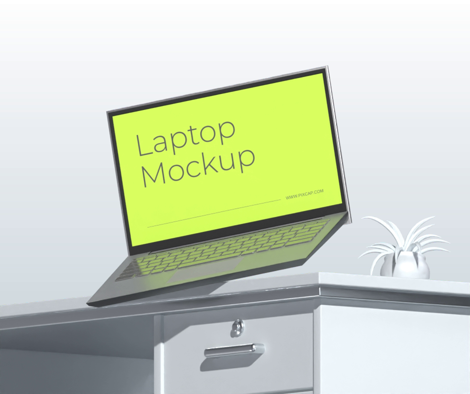 Laptop On Office Desk With Spider Plant 3D Mockup