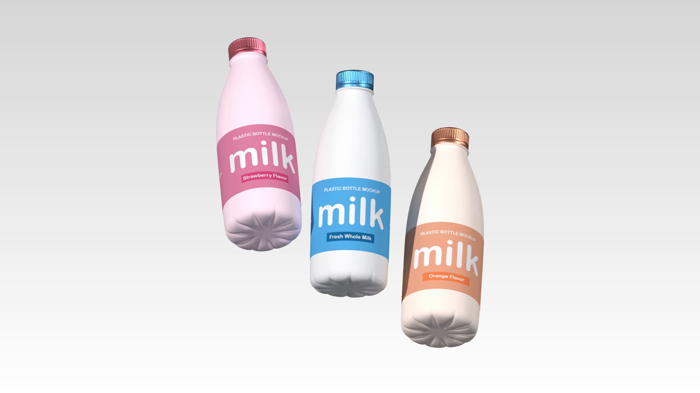 Three Plastic Milk Bottles 3D Mockup Floating Minimalist Background