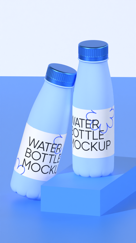 Two Plastic Water Bottles On Blue Podium 3D Mockup