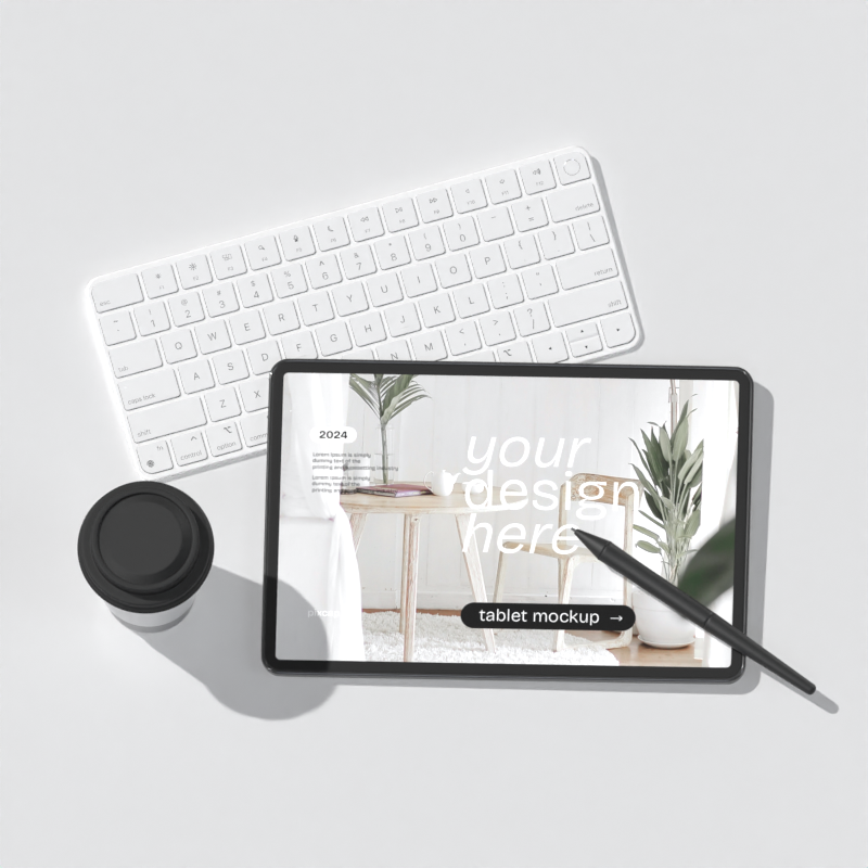 Tablet 3D Mockup Template With Keyboard And Coffee Cup Top View