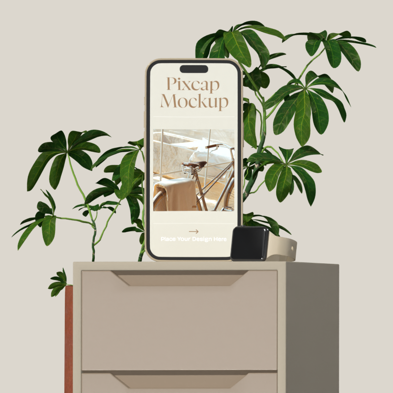iPhone 14 3D Mockup On Side Table Wirh Plant And Apple Watch
