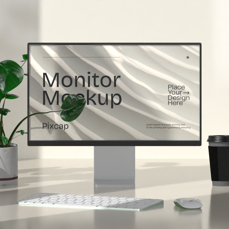 Monitor 3D Mockup With Plant And Coffee Cup