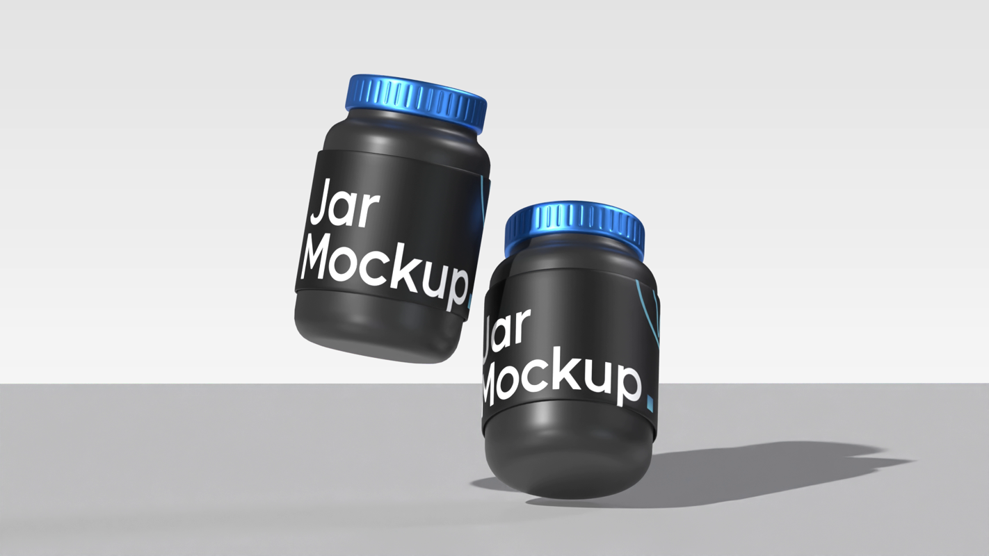 Black Jar 3D Static Mockup With Blue Metallic Cap