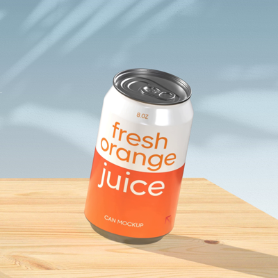 Orange Juice 3D Static Can Mockup  On Wooden Podium 3D Template