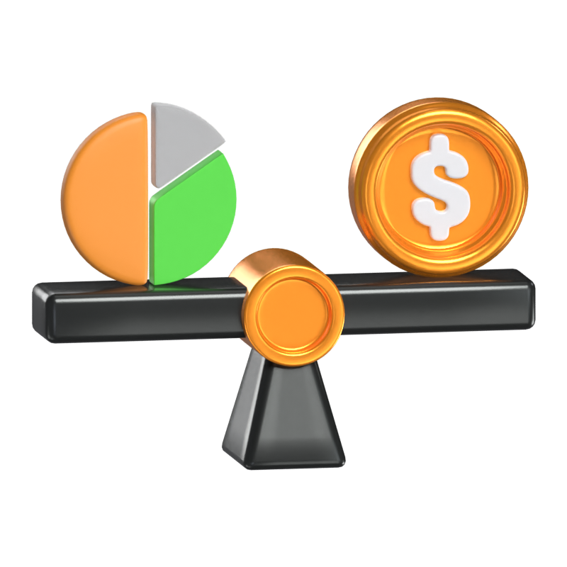 3D-Waage Modell von Pie Chart und Münze auf Wippe als Waage 3D Graphic