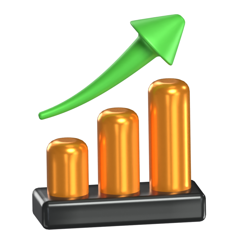 3D-Börsenmodell Balkendiagramm mit grünem Pfeil an der Spitze 3D Graphic