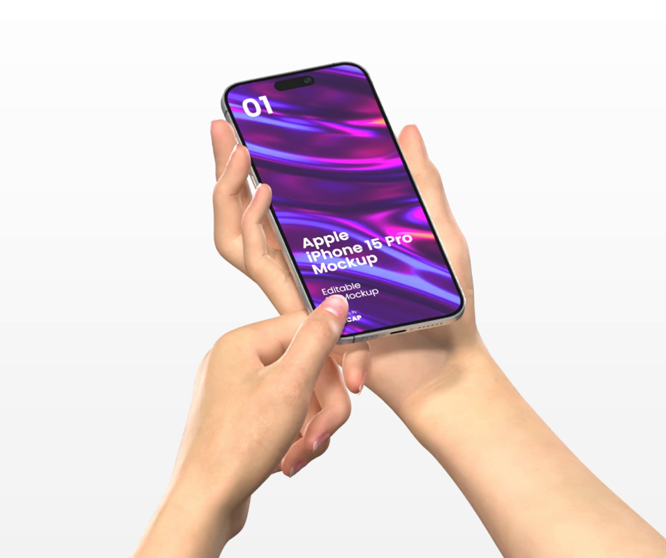 Two Realistic Hands Holding Iphone 15 Pro 3D Mockup