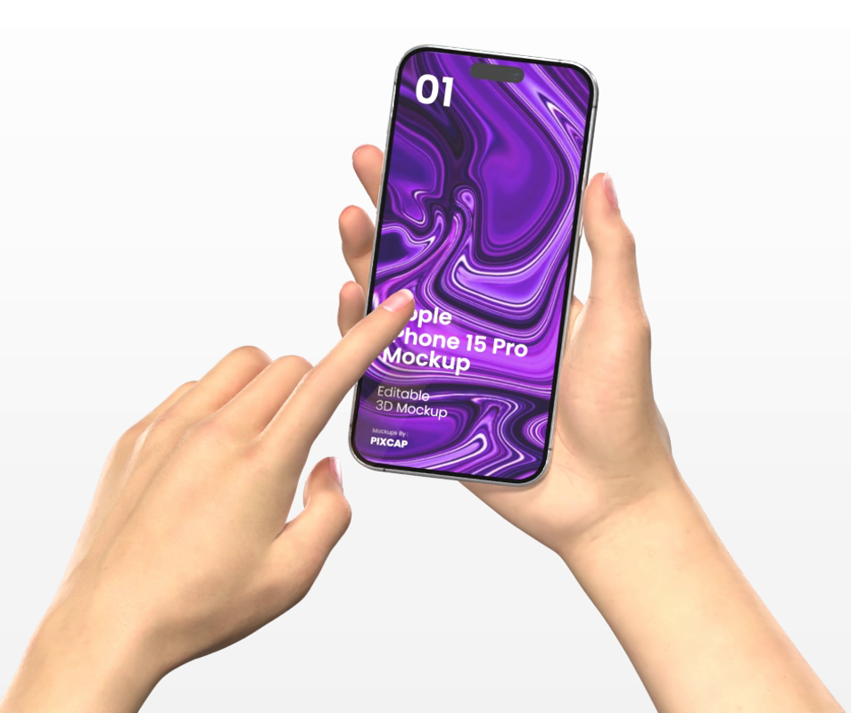 Two Realistic Hands Holding And Pointing Iphone 15 Pro 3D Mockup