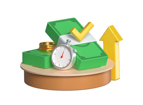 Get Future Funds 3D Illustration With Checkmark Stopwatch Coins Money Bundle And Arrow 3D Graphic