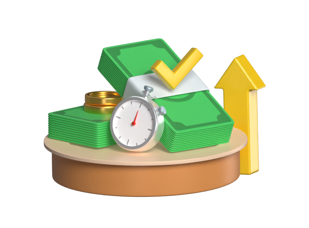 Get Future Funds 3D Illustration With Checkmark Stopwatch Coins Money Bundle And Arrow 3D Illustration