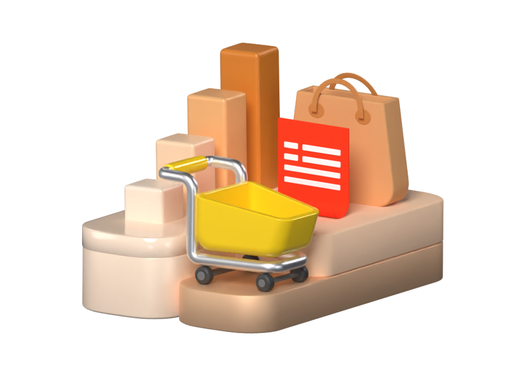 Purchase Conversion 3D Illustration With Trolley Bill Shopping Bag And Podium 3D Illustration