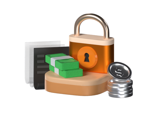 Secure Transaction 3D Illustration With Padlock Money Bundle Coins Bill And Podium 3D Graphic