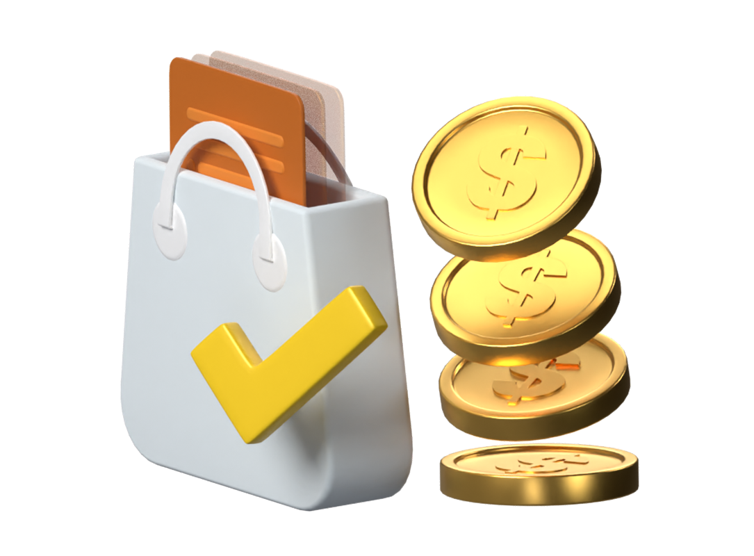 Convenient Installment For Customers 3D Illustration With Coins Checkmark Shopping Bag And Bill Paper 3D Illustration