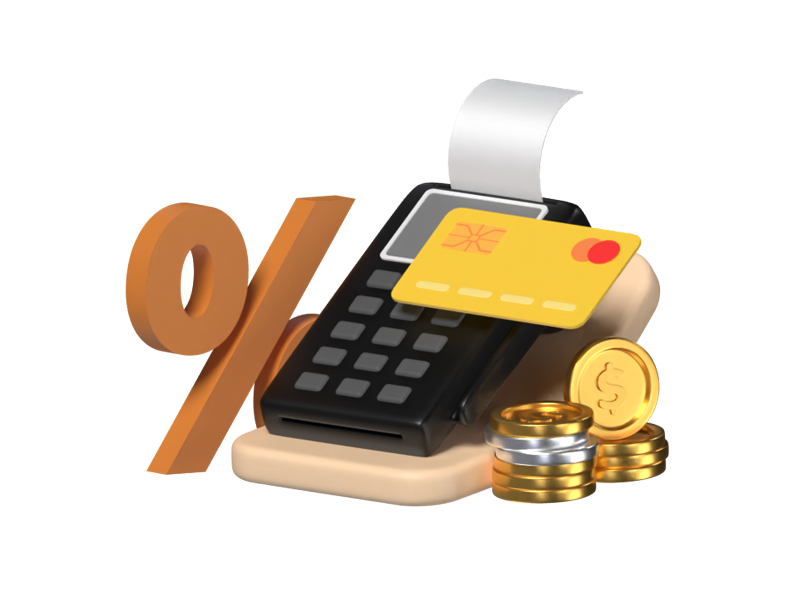 Accepting Payment Using Credit Card 3D Illustration With Coins Percentage Symbol POS And Credit Card 3D Illustration