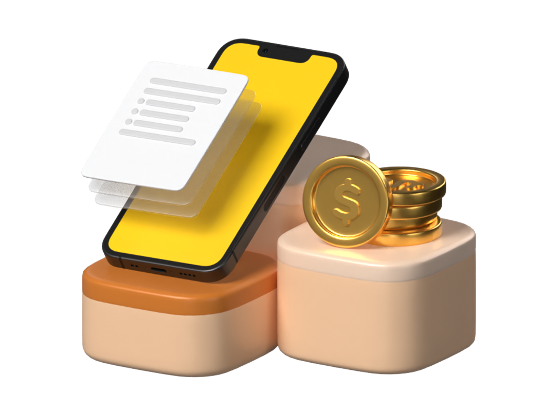 Mobile Installment Plan 3D Illustration With Phone Coins And Installment Document 3D Illustration