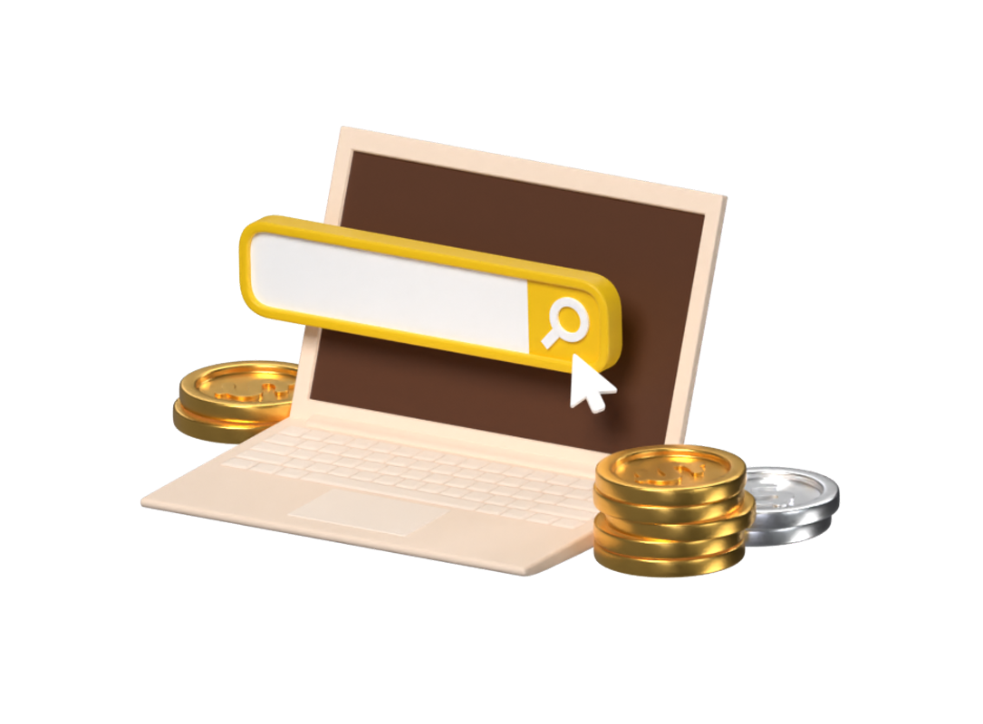 Payment For Online Shopping 3D Illustration With Search Bar Laptop And Coins 3D Illustration