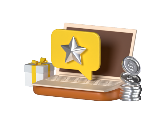 Holen Sie sich Belohnungen 3D-Illustration mit Star Coins Laptop und Geschenkbox 3D Graphic