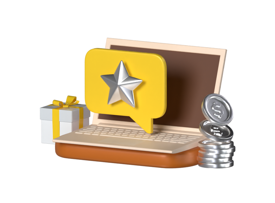 Holen Sie sich Belohnungen 3D-Illustration mit Star Coins Laptop und Geschenkbox