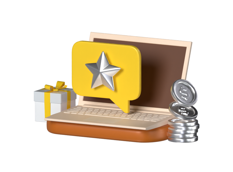 Get Rewards 3D Illustration With Star Coins Laptop And Giftbox 3D Illustration