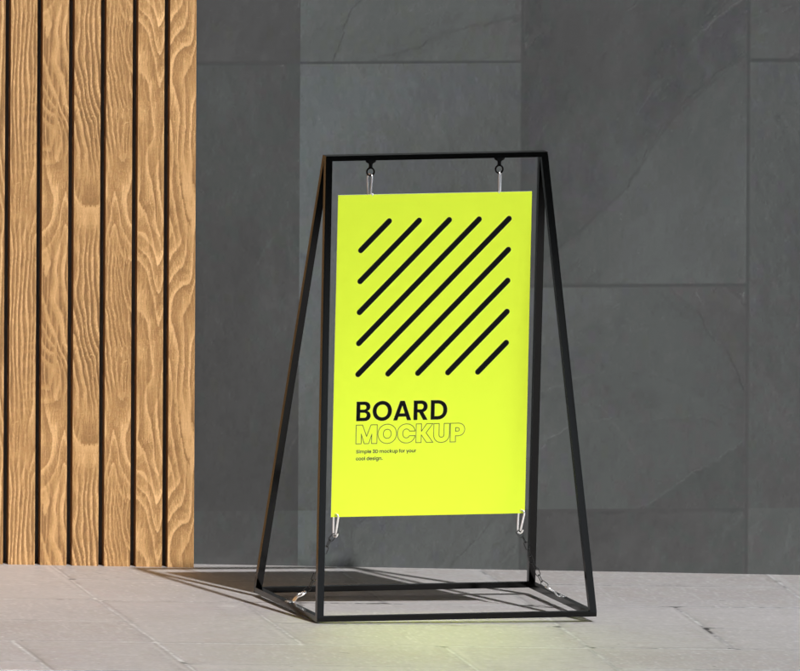 Sign Board With Wood Decoration Wall 3D Mockup