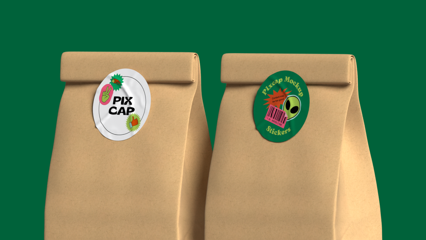 Stickers On Paper Bag 3D Mockup